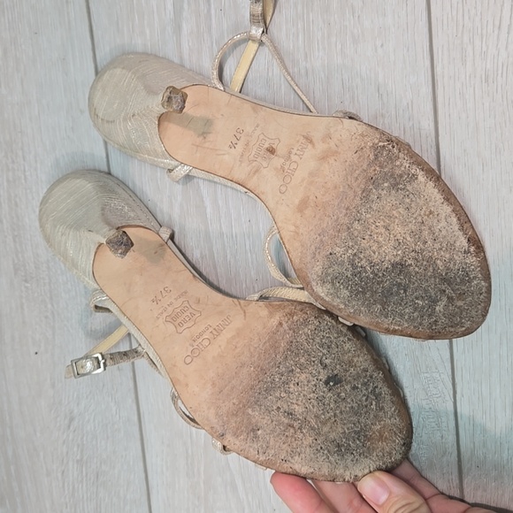 Jimmy Choo WomenElegant Strappy Heels in Shimmering Gold Sandals Shoes 37.5/7.5 - Picture 12 of 14